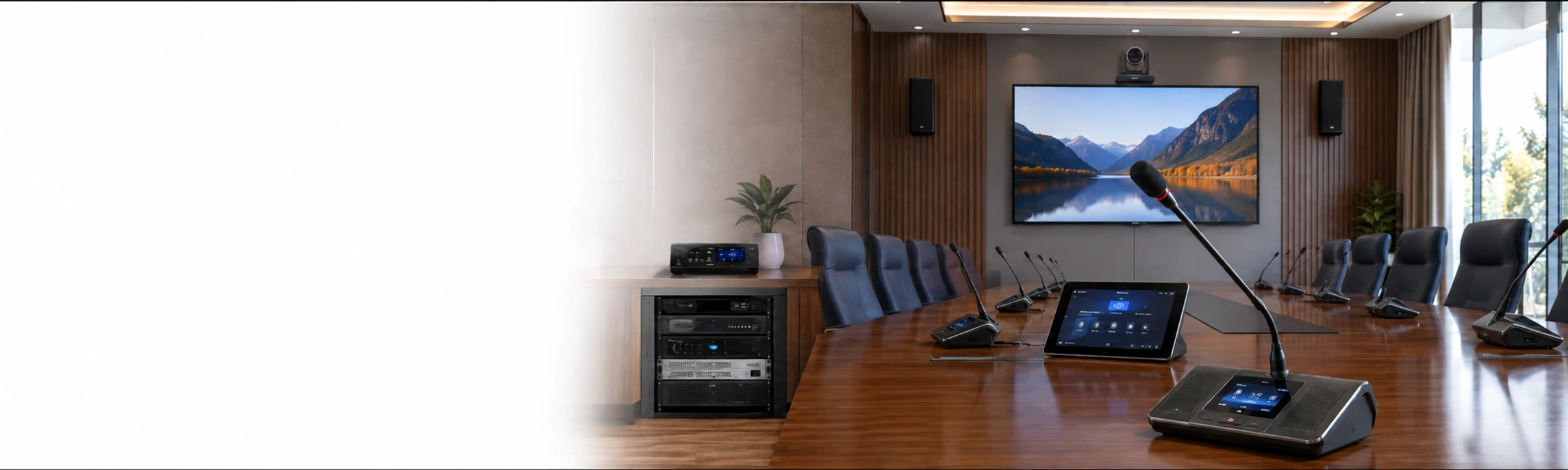 Modern conference room solution with microphones, display and control system