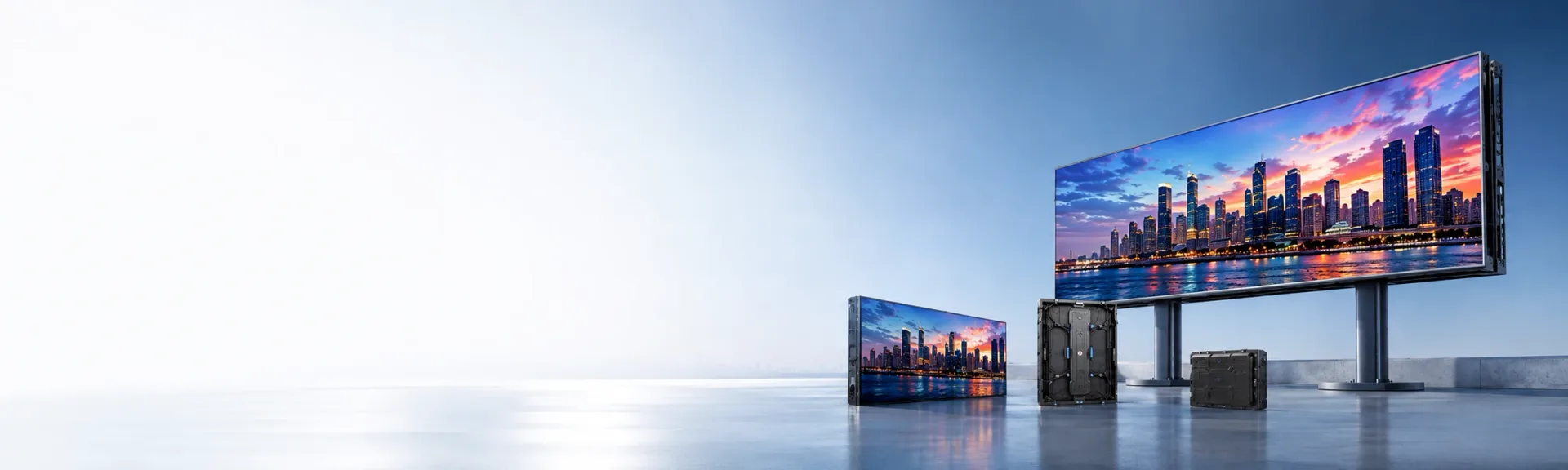 LED display showroom with indoor and outdoor screens, controllers and display accessories
